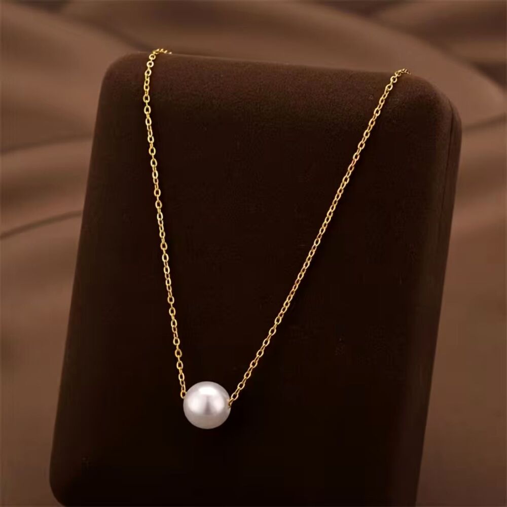 Elegant White Pearl Gold Necklace Single Sllide Gemstone Simple Classic Adjstble